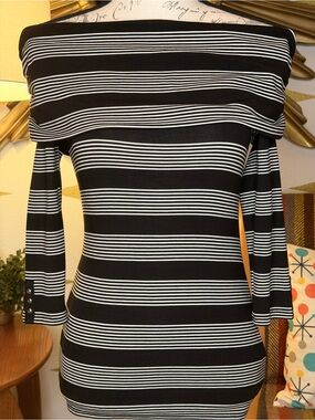 White House Black Market Black and White Striped Off-Shoulder Top